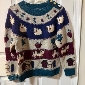 Woolrich Women's Small Teal and Gray Farm Animal Vintage Wool Blend Sweater